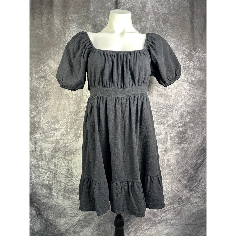 Hesperus Black Cotton Puff Sleeve Cutout Back Mini Dress Size L Cottagecore LBD